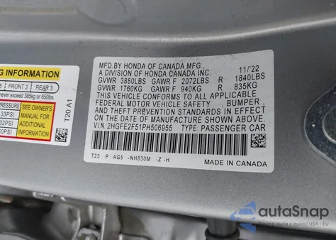 2023 Honda Civic Sport from USA, damaged, VIN 2HGFE2F51PH506955